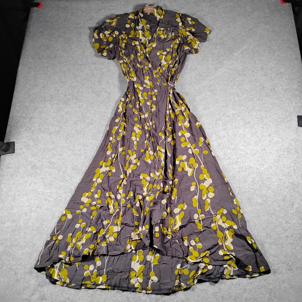 Bel Kazan Women's Grey Green Floral Leaf Print Ruffle High Low Wrap Maxi Dress S